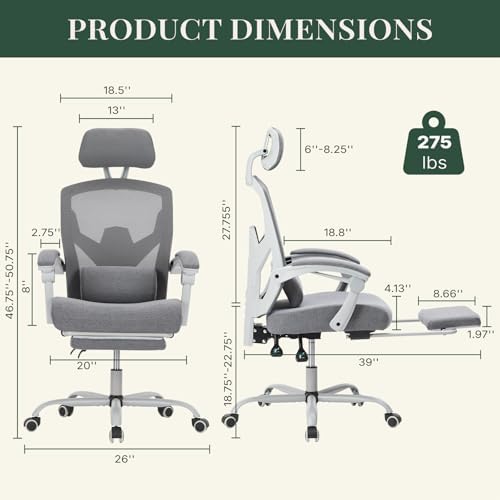 Ergonomic Office Chair with Footrest, Computer Gaming Chair | Adjustable Headrest, Lumbar Support, Swivel Reclining, Padded Armrest, Mesh High Back, Home Desk Work Study, Grey - Image 3