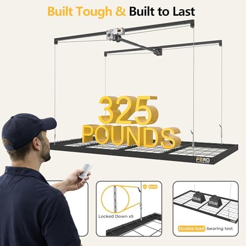 FERO Motorized Overhead Garage Storage Rack with Remote Control, Heavy-Duty Ceiling Mounted Organizer, 4x8 FT Ceiling Storage Lift System, Space-Saving Hanging Garage Shelves, 325 LBS Capacity - Image 5
