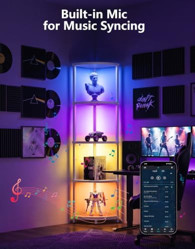 Corner Shelf with LED Light, 5 Tier Smart Color Changing Floor Lamp with Remote, 62" Display Shelf Bookshelf Narrow Storage Rack Standing Lamp for Living Room Bedroom Home Office Decor, White - Image 5