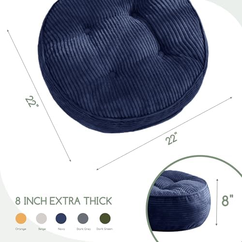 HIGOGOGO 8" Extra Thick Floor Pillow Cushion for Adults, Meditation Cushion Pillow, Large Round Floor Sitting, Tufted Corduroy Cover, for Tatami Living Room or Yoga, 22x22 Inch, 2Pack, Navy - Image 2
