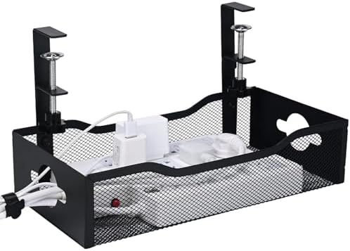Large Under Desk Cable Management Tray - Heavy Duty Metal Cord Organizer with No Drill Installation for Office & Home Office Desks to Hide Wires & Power Strips (Black, XL) by G.Sumiker