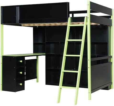 Merax Full Size Wood Loft Bed Frame with Desk and Ample Storage Space, Gaming Bed with Light Strip for Teens Bedroom, Full-Length Guardrails, No Box Spring Needed, Green - Image 5