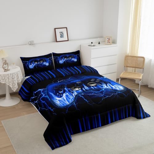 Feelyou Kids Gaming Gamer Bedding Set Toddler Size,Blue and Black Game Contoller Comforter Set for Teens Boys Bedroom Room Decor,Ombre Game Comforter,Geometric Gaming Bed Set - Image 2