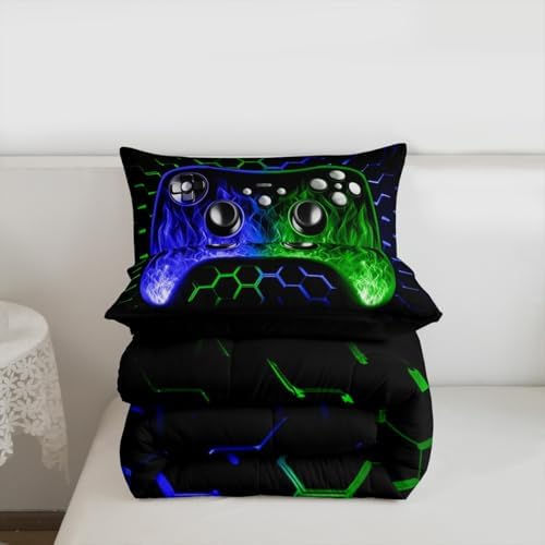 Erosebridal Ombre Art Honeycomb Gaming Comforter Sets for Boys Blue Green Neon Lights Game Console Boys Bedding Sets Twin Geometric Hexagon Beehive Bed Set Gamer Room Decor for Boys - Image 7