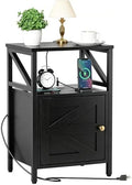 Side Table With Charging Station - Bedside Tables for Small Spaces Black by FUNHUKSON