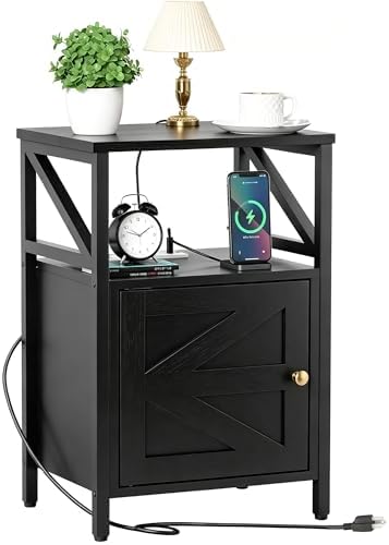 Side Table With Charging Station - Bedside Tables for Small Spaces Black by FUNHUKSON