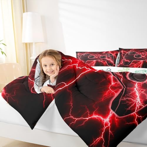 Erosebridal Gaming Comforter Set Gamer Twin Bedding Sets for Girls, Retro Game Console Comforter Red Lightning Quilt,Kids Bedroom Decor - Image 5