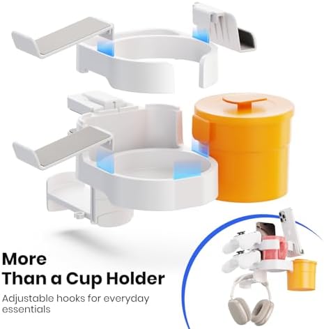 7-in-1 Cup Holder - EURPMASK Desk Organizer with Headphone, Controller Holder, Snack Bucket, and Phone Holder, Clamp-On Desk Accessory with Sturdy Large Storage, Easy to Install, White - Image 2