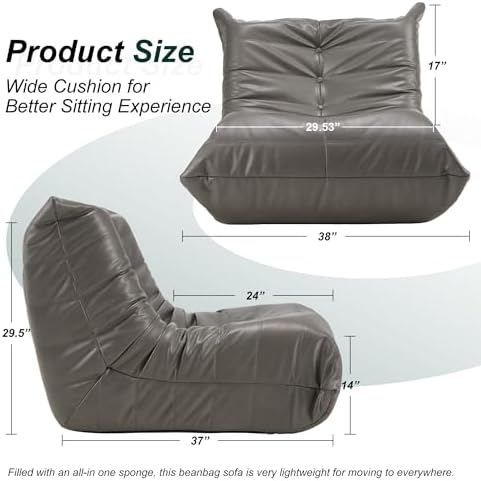 Hobestluk Bean Bag Chair Leather Togo Chair Memory Foam Living Room Adult | Ergonomic Design,Floor Chair,Waterproof Sofa,Easy Clean,Anti-slip ,No Assembly Required,Bedroom Dorm Office Reading Grey - Image 2