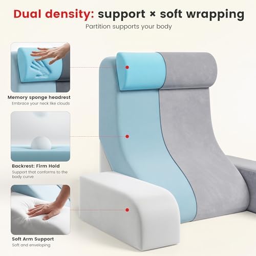 Homkdom Reading Pillow for Sitting in Bed Adult, 20" Back Pillow for Bed Sitting up with Armrests & Storage Pockets, Ergonomic Wedge Pillow for Watching TV, Gaming, Working, Recovery, 5PCS, Light Grey - Image 3