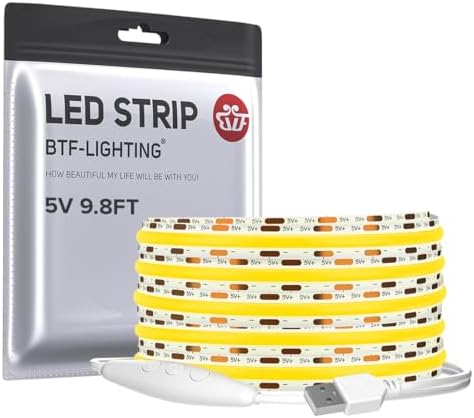 BTF-LIGHTING 5V USB COB LED Strip Lights 9.8FT Warm White 2700K by BTF-LIGHTING