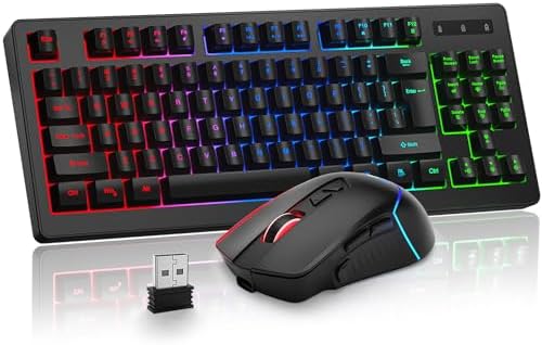 BlueFinger Wireless Keyboard and Mouse Combo, Long Lasting Rechargeable Battery 87 Keys RGB Rainbow Backlit Gaming Keyboard & Ergonomic Light Up Gaming Mouse for Mac Laptop Computer PC Gamer by BlueFinger