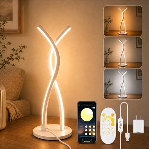 MORIACC Modern LED Table Lamp, App & Remote Control Bedside Lamp, 5 Color Temperatures 3500K-6500K, Dimmable 10%-100% Brightness, USB Powered Desk Light for Bedroom, Office and Living Room Decor by MORIACC