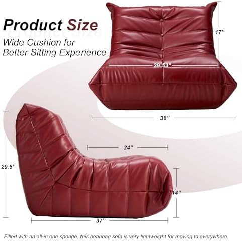 Hobestluk Bean Bag Chair Leather Togo Chair Memory Foam Living Room Adult | Ergonomic Design,Floor Chair,Waterproof Sofa,Easy Clean,Anti-slip ,No Assembly Required,Bedroom Dorm Office Reading Winered - Image 2