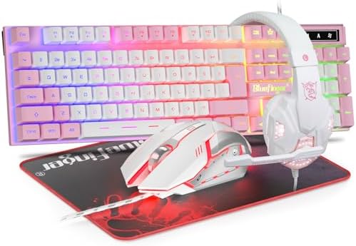 BlueFinger RGB Gaming Keyboard and Backlit Mouse and Headset Combo, USB Wired Backlit Keyboard, LED Gaming Mouse Set, Headset with Microphone for Laptop PC Computer Game and Work (Pink & White) by BlueFinger