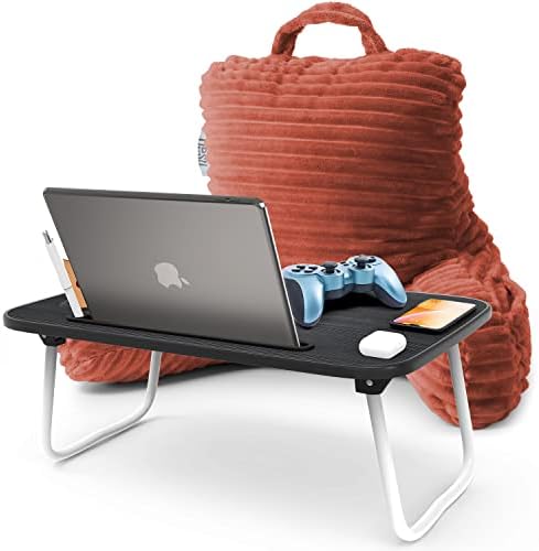 Nestl Misty Rose Reading Pillow with Bed Desk for Laptop and Writing, Luxe Cut Plush Back Pillow for Sitting Up, Back and Arms Adjustable Support for Kids and Teens, Foldable Lap Desk for Bed 19x11” by Nestl