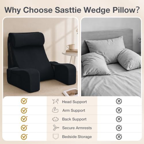 Sasttie 15-25 inch Adjustable Reading Pillow with Armrests, Black - Image 6