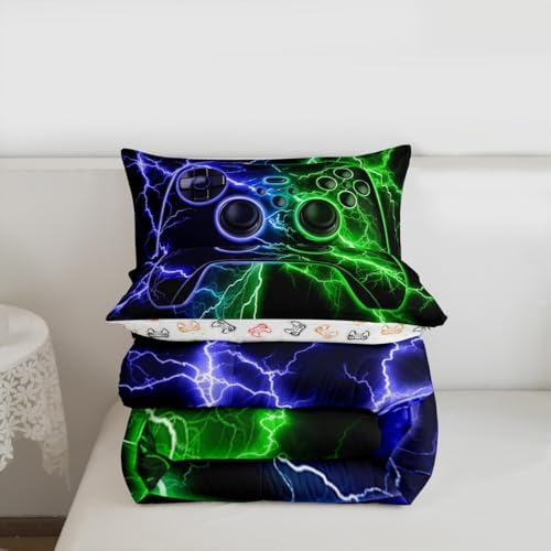Gamer Comforter Set Gaming Full Size Bedding Sets, Game Boy Games Comforter Blue Green Lightning Bed Set,Kids Room Decor - Image 7