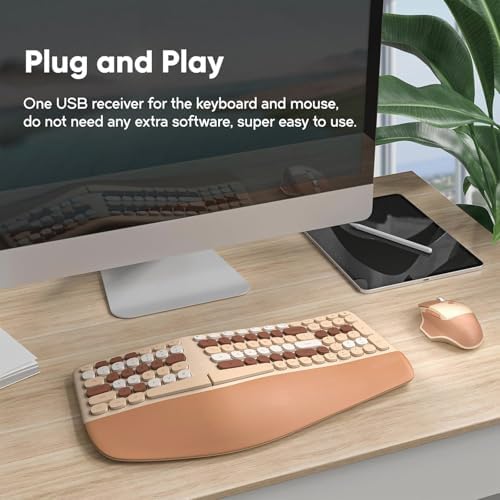 Wireless Ergonomic Keyboard and Mouse Combo with PU Wrist Rest, Carpal Tunnel Keyboard, 2.4G Colorful Split Ergo Keyboard, Comfortable Natural Typing, Compatible with PC/Laptop (Milk Tea) - Image 5