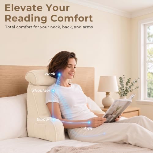 Reading Pillow for Bed with Detachable Neck Roll and Shredded Memory Foam, Back Pillow with Arms for Sitting Up, Washable Bed Rest Pillow with Side Pocket for Gaming, Sofa, Dorm - Beige - Image 3