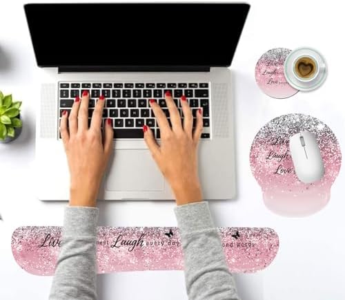Keyboard Wrist Rest and Mouse Pad Wrist Support Set with Coasters,Ergonomic Gaming Mousepad for Home Office Working Studying Easy Typing & Pain Relief,Live Love Laugh Quote Pink Sparkle Glitter - Image 6