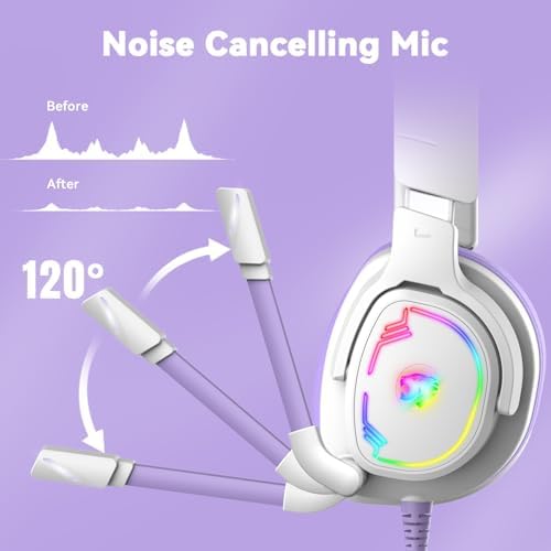 Jimonyer Gaming Headset for PS5 PS4 PC Xbox Series X|S Switch, 7.1 Stereo Surround Sound Over Ear Headphones with Noise Canceling Mic, RGB LED Light, Soft Memory Earmuffs for Gaming or Work, Purple - Image 4
