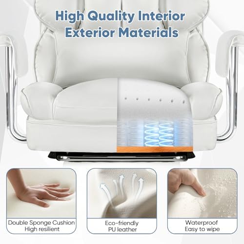 DUMOS Ergonomic Home Office Desk Chair, Executive Chair, PU Leather | Big Tall High Back, Lumbar Support, Reclining Height Adjustable, Computer Gaming, Footrest Swivel Wheels, Snow White - Image 6
