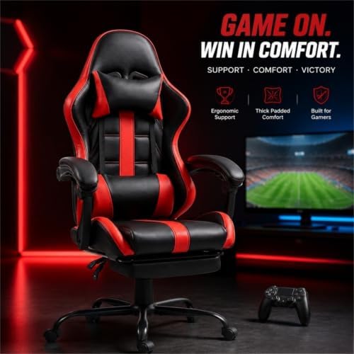 ECOTOUGE Massage Gaming Chair with Footrest & Lumbar Support, Red | Premium PU Leather; Ergonomic Massage Lumbar; 90-135° Recline; Height Adjustable; Retractable Footrest; 330Lbs Steel Frame - Image 4