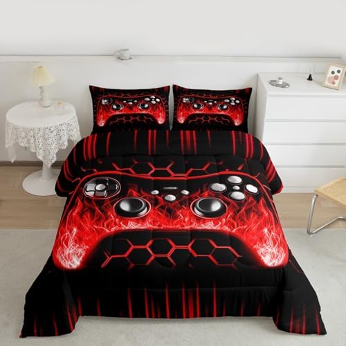 Erosebridal Ombre Art Honeycomb Game Consoles Comforter Set Red Neon Lights Gaming King Bedding Set Geometric Hexagon Beehive Duvet Set Gamer Room Decor for Boys - Image 6