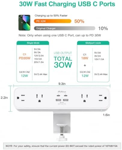 Mifaso PD30W Desk Clamp Power Strip, Surge Protector, Fast Charging Station - Image 2