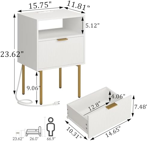 Modern Nightstand with Charging Station and LED Lights, White Bedside Table with Drawer, Fluted Side Table for Living Room, Bedroom - Image 2