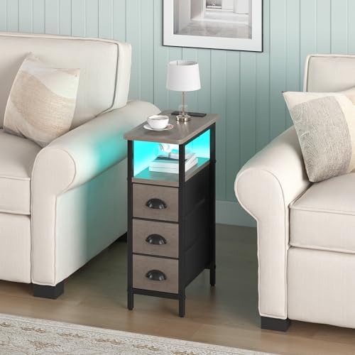 sthmec End Table with Charging Station,LED Side Tables with USB Ports and Outlets,Skinny Bedside Tables with 3 Drawers,Small Tabls Nightstands for Small Space,Slim Sofa Table for Livingroom, Grey - Image 2