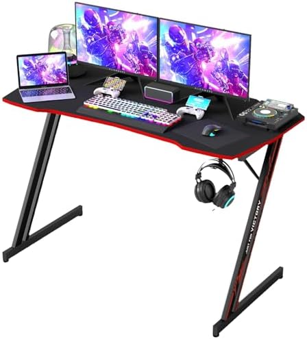 BestOffice Gaming Desk Z Shaped 47 inch PC Computer Desk Computer Workstation Ergonomic Gaming Table with Headphone Hook for Game Players, Black&Red by BestOffice