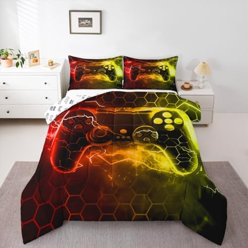 Feelyou Kids Boys Red Yellow Gamer Comforter Twin Size, Honeycomb Gaming Comforter Set for Lightning Gamer Bedding Set Game Duvet Set Bed Set Room Decor Quilt Set Bedding Collection - Image 4