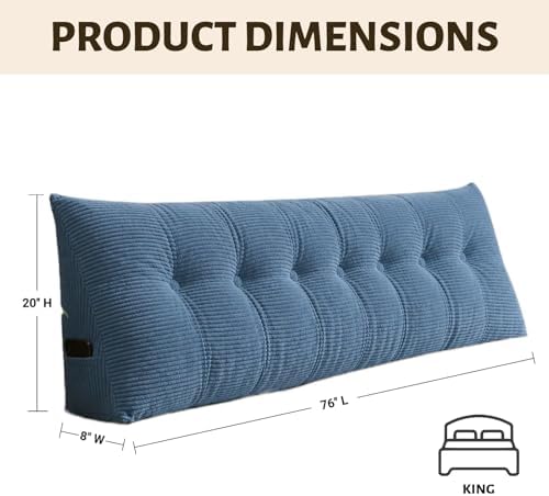Wedge Reading Pillow Headboard King Size, Headboard Bolster Pillow for Bed, Triangular Backrest Cushion with Removable Corduroy Cover, Blue - Image 2