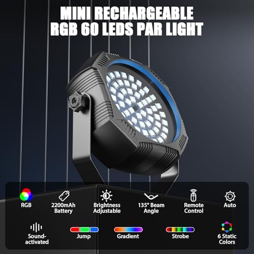 Rechargeable Strobe Light, 60 LED RGB Mini Stage Light, 30W Battery Powered Strobe with Remote & Sound- Activated Control Mode, LED Par Can for Party Home Band Bars, 8 Pack - Image 2