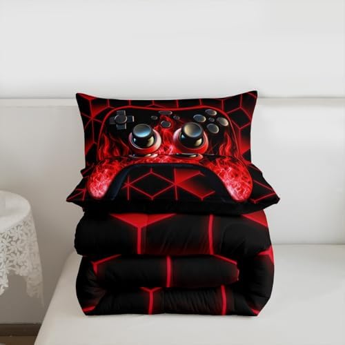 Red Neon Geometric 3D Geometric Comforter Set - Flame Gaming Console Gamer Decor for Boys Bedroom - Image 7
