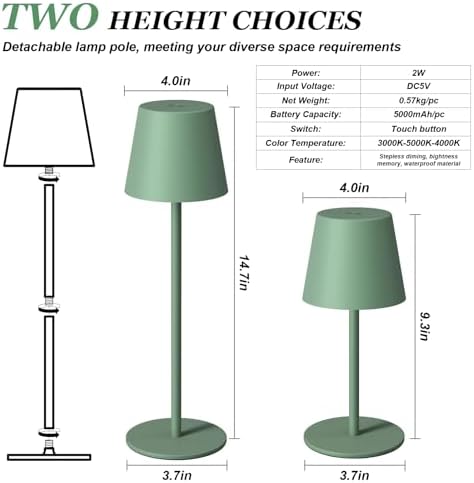 Kakanuo Cordless Table Lamp Rechargeable Green - KK 2 Pack 5000mAH Battery Operated Lamp for Dining Table, 3 Color Stepless Dimming Wireless Lamp for Counter, Outdoor Patio, Touch Control - Image 5