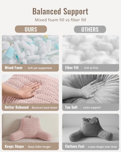 Blissful Diary Reading Pillow, Backrest Pillow with Shredded Memory Foam for Adult & Children, Designed for Bed and Couch Sitting Up, Includes Arms, Pockets and Washable Cover, Pale Pink - Image 4