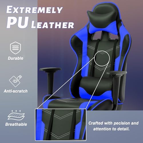 Gaming Chair, High Back PU Leather Gaming Chairs Computer Chair with Headrest & Lumbar Support, Height Adjustable Wide Seat Gaming Chairs for Adults, Game Chair with Footrest & Armrest (Blue) - Image 6