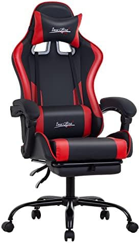 Gaming Chair Office Chair Desk Chair with Footrest Lumbar Support Headrest Armrest Task Rolling Swivel Ergonomic E-Sports Adjustable PC Gamer Chair (Red) by BestOffice