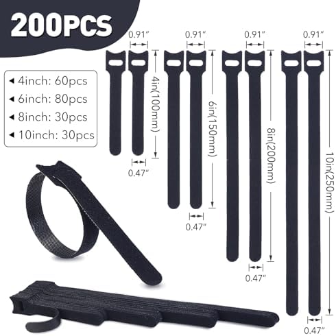 MVYC 200PCS Reusable Cable Ties Wire Ties Cord Organizer Cable Organizer Adjustable Cable Management Black 4+6+8+10 inch - Image 2