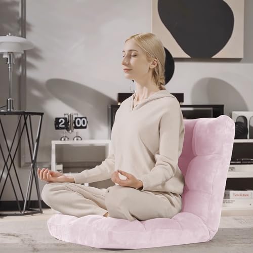 Folding Floor Chair with Back Support, Floor Seat, Lazy Sofa Chair | 14 Adjustable Position, Soft Coral Fleece, Thick Foam, Steel Frame Gaming Chair for Adults, Reading, Meditation (Pale Pink) - Image 2