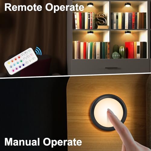 BLS LED Puck Lights with Remote Control, Wireless Under Cabinet & Closet Lighting, RGB 13 Color Changing Lights with Dimmer, Timer & AA Battery Operated, Push, Touch, Stick on for Night, Black, 2 Pack - Image 2