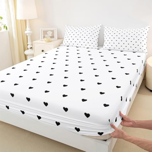 Erosebridal White Black Bed Sheets Cute Heart Pattern Sheet Set Girly Cartoon Love Geometric Bedding Set King Size with Deep Pocket Cute Fitted Sheet for Kids Girls Bedroom Decor Flat Sheet - Image 5