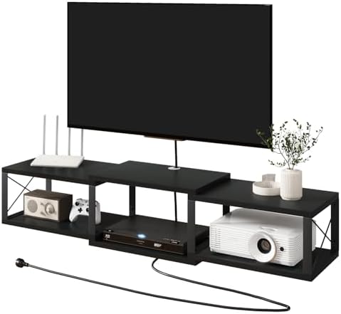 IBUYKE Floating TV Stand with Power Outlet,Wall-Mounted Floating Stand for TVs up to 55",Metal Wall Entertainment Center,Wall Mounted TV Shelf with Storage for Living Room Bedroom,Black UWST011B by IBUYKE