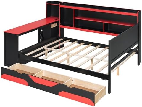 Merax Full Size Gaming Daybed with Integrated Desk and Lights, Wooden Platform Bed Frame with 3 Storage Drawers and Built-in Charging Station, Multi-Functional Headboard Shelves, No Box Spring Needed - Image 7