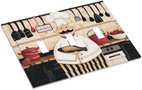 Decorative Light Switch Cover Plate Cartoon Fat Happy Chef Cook 3 Gang Wall Plate Triple Toggle Switch Plate Covers 3 Hole Electrical Switchplate Dimmer Faceplate for Farmhouse Kitchen Decor - Image 3