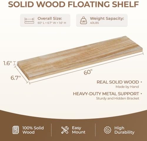 60 inch Long Floating Shelves for Wall,Solid Wood Long Shelves Set of 1,Brown Rustic Mounted Shelves for Bathroom Bedroom Home Office (Brown, 60 Inch) - Image 2