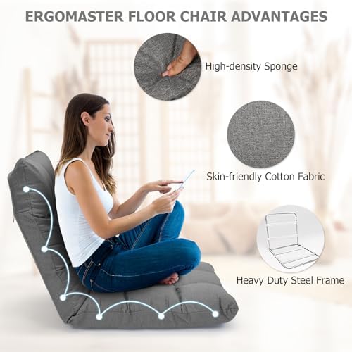 ERGOMASTER Video Gaming Floor Chair with Adjustable 14-Position Memory Foam, Folding Floor Sofa Chair Lounger Folding Sleeper Bed Couch Recliner, Lazy Sofa Lounger for TV, Reading, Relaxing (Grey) - Image 5